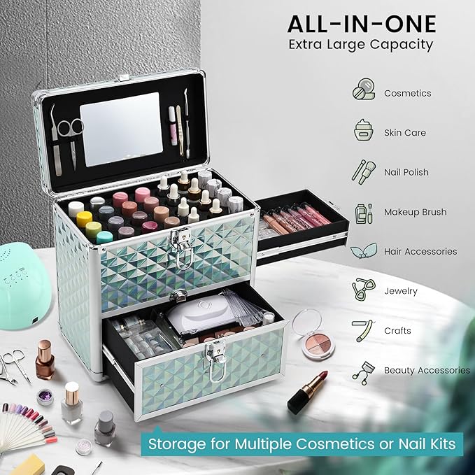 FRENESSA Extra Large Makeup Organizer Case Cosmetic Box Storage with Drawer Mirror Nail Manicure Accessory Organizer With Dividers Travel Nail Art Case for Makeup Artist Nail Tech Case Watery Blue