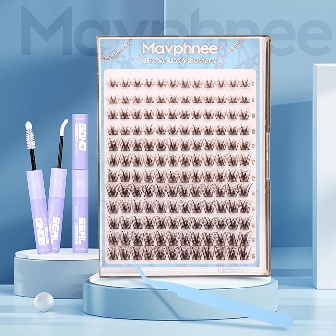 Brown Lash Clusters Kit Fairy Eyelash Clusters Natural Lash Extensions Kit Wispy Cluster Eyelash Extensions 3D Dark Brown Individual Eyelashes with Lash Bond and Seal, Tweezers CC-Curly 8-16MM 144PCS