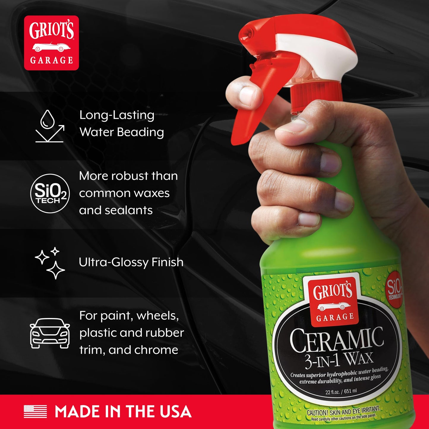 Griot’s Garage Ceramic 3-in-1 Wax, SiO2 Spray for Cars, Trucks, and RV’s, Provides Protection and Water Beading on Paint, Wheels, Plastic, Rubber Trim, Chrome, and More, 10978, 22 oz