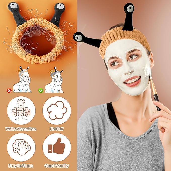 Face Wash Headband, Palm and Snail Spa Hair Bands Makeup Headbands Women Cartoon Cute Coral Fleece Elastic Headband Creative Hair Accessories for Washing Face Shower Sports (Brown&Black)
