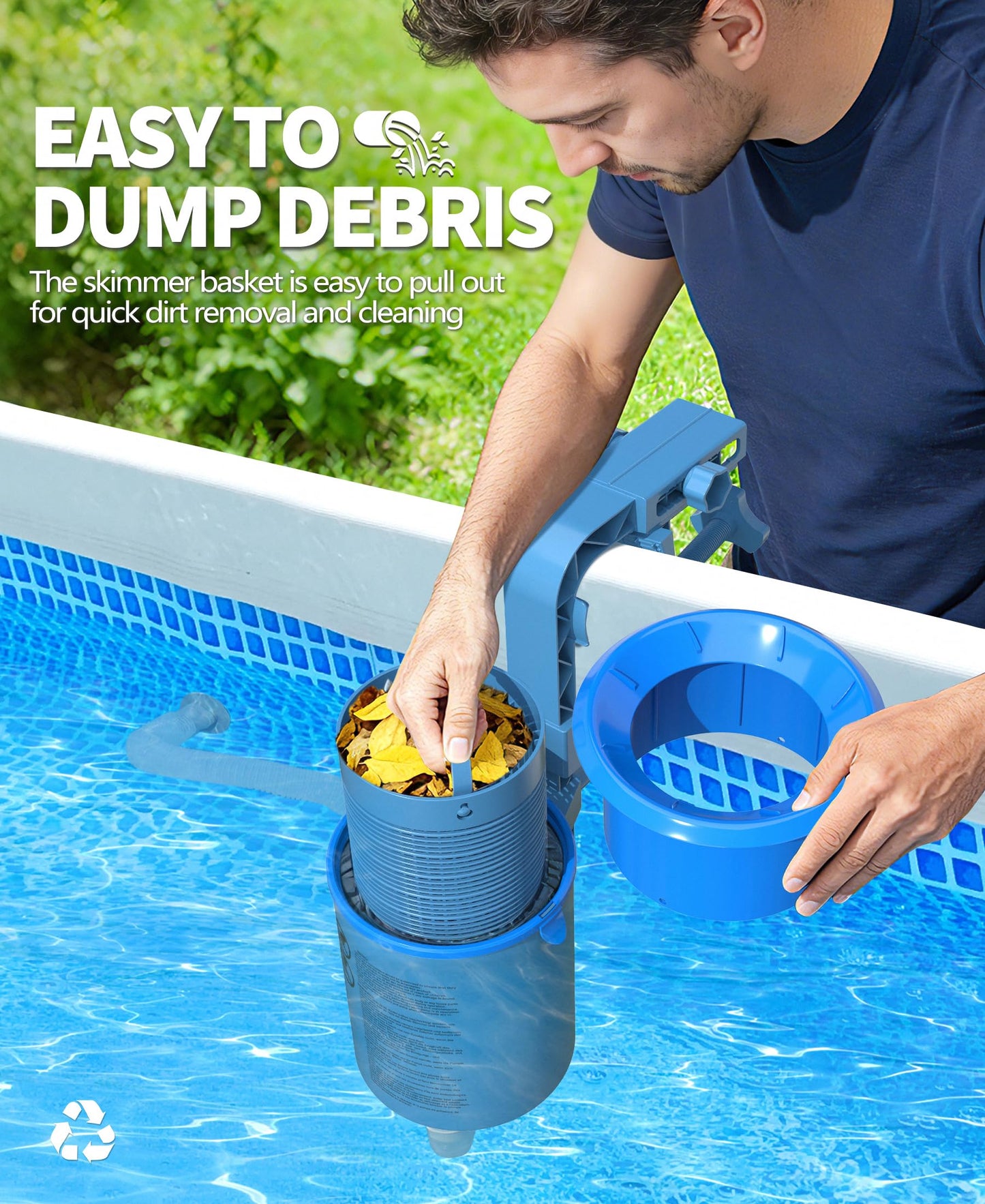 DeeprClean Upgrade Above Ground Pool Skimmer Comes with 3 Socks, Anti-tilt Wall Mount Surface Skimmer, Removable Skimmer Basket, Adjustable Height Bracket, Auto Skimming Pool Surface Leaves - Blue