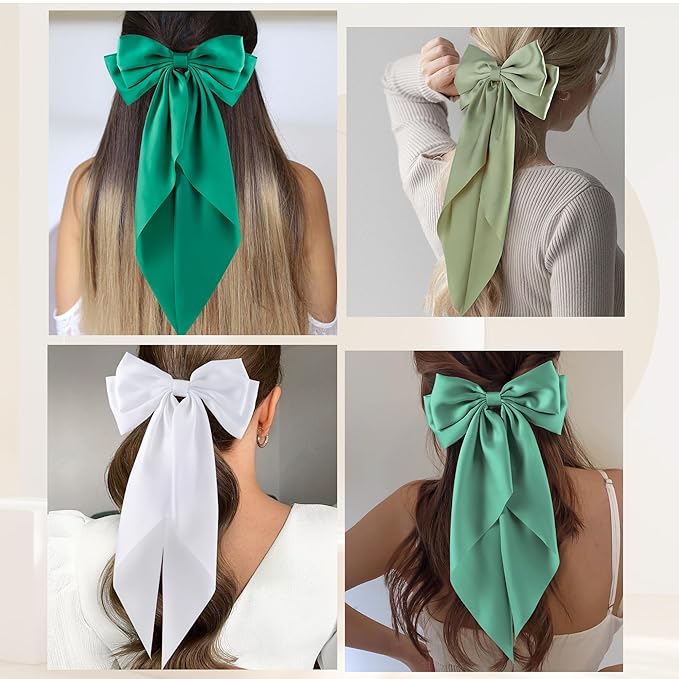 6Pcs Large Bows Hair Clips for Women Girls Long Tail Hair Ribbon Silky Satin Barrettes Coquette Bows Accessories (Black/Blue/Green/White)