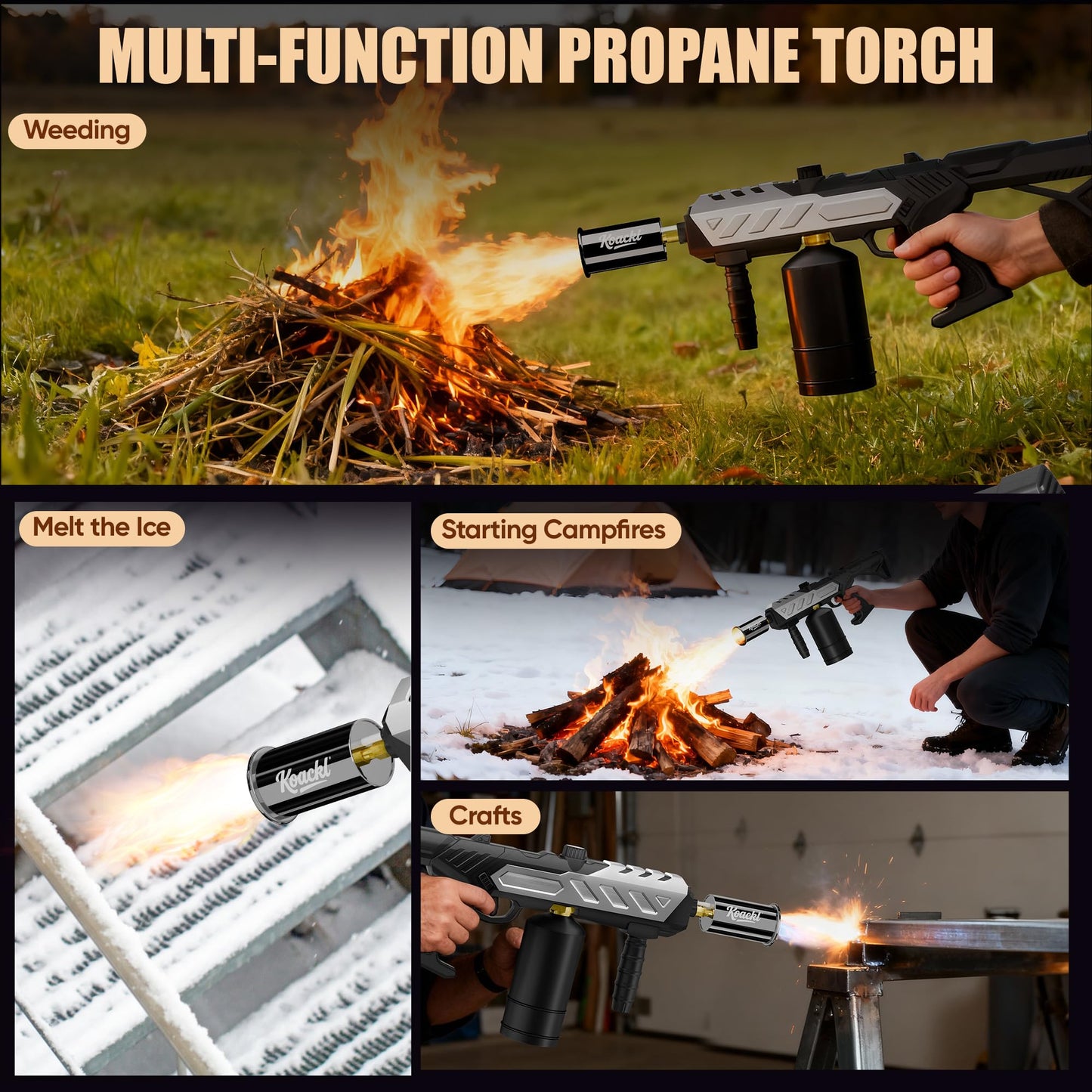 KOACKL Powerful Propane Torch, Blow Torch with Adjustable Flame, Flamethrower Kitchen Torch Burner Gas Welding Kits for Grill, BBQ, Searing Steak, Camping & Charcoal Torch Lighter(Tank Not Included)
