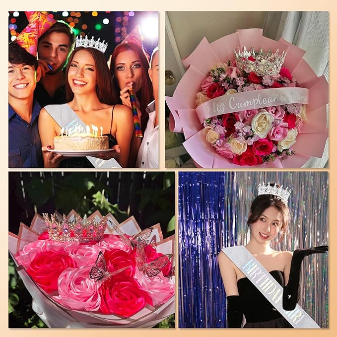 YOUlDIANZI Queen Crown Birthdays Crowns for Women, Birthday Sash, Birthday Tiara for Women Set, Princess Rhinestone BirthdayHeadband Birthday Gifts for Womens, Sweet Happy Accessories
