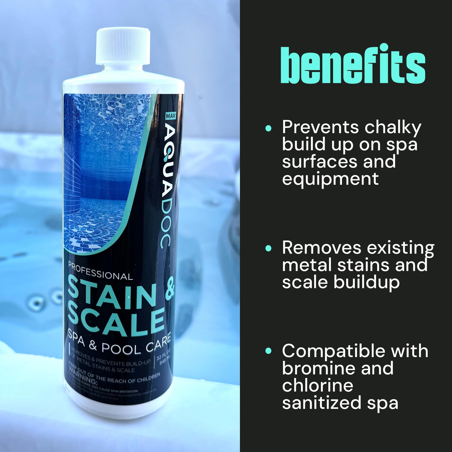 AquaDoc Spa Stain and Scale Control for Hot Tubs - 32oz - Hot Tub Descaler That Helps Prevent & Remove Metal Stains and Scale - Made in USA