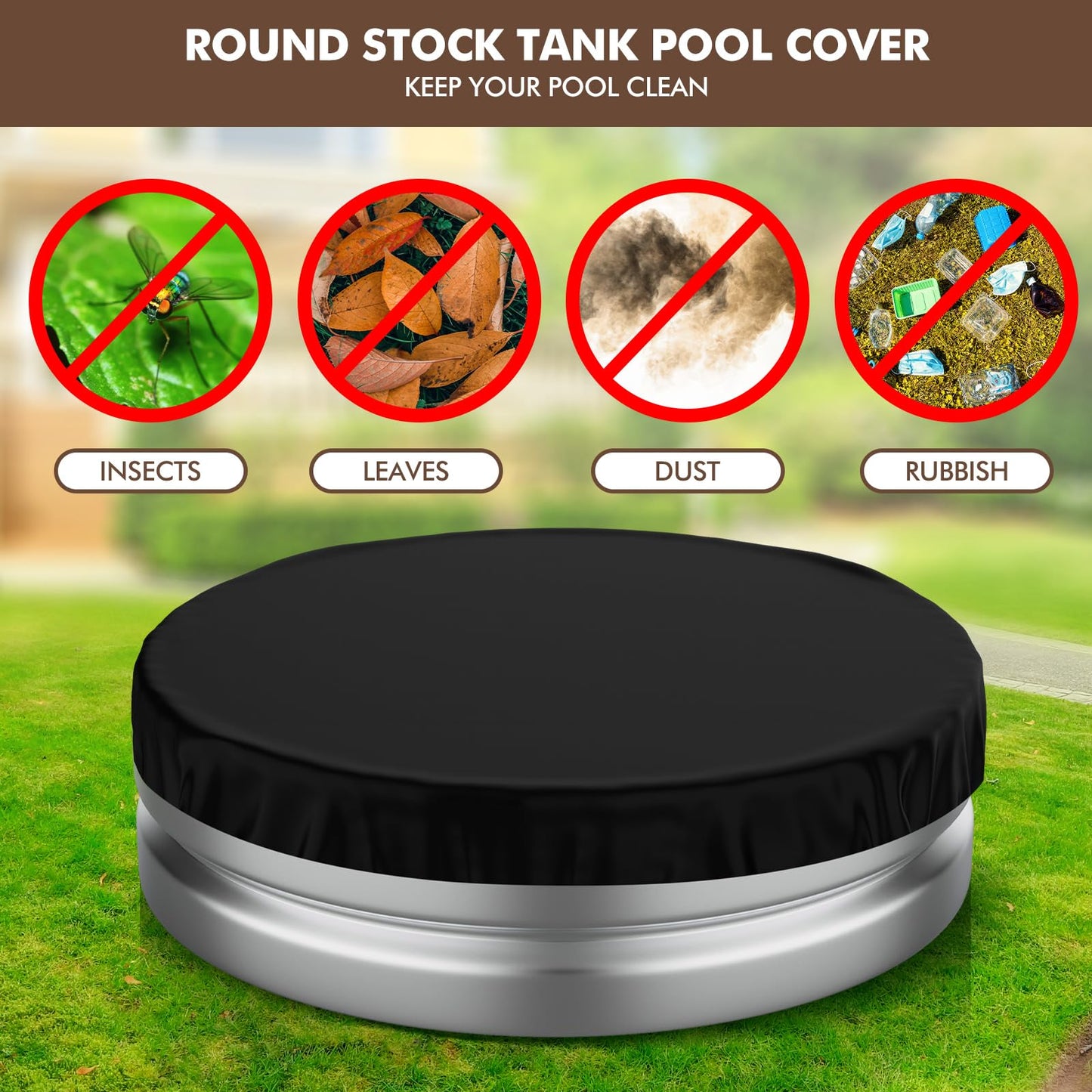 Mindsoft 9 ft Round Stock Tank Pool Cover 210d Oxford Cloth Protector for Above Ground Pools, Summer Pool Hot Tub Cover Heavy Duty Waterproof Dustproof Windproof with Accessories