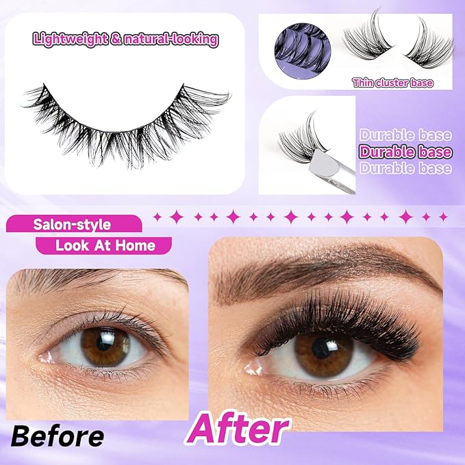 Ocean Pearl Lash Clusters Kit 154pcs,10-18mm manga/anime-inspired lashes clusters,spike-effect cluster lashes,Eyelashes,DIY Cluster Eyelash Extensions kit with lash bond+seal+remover+tweezers-M31+M34