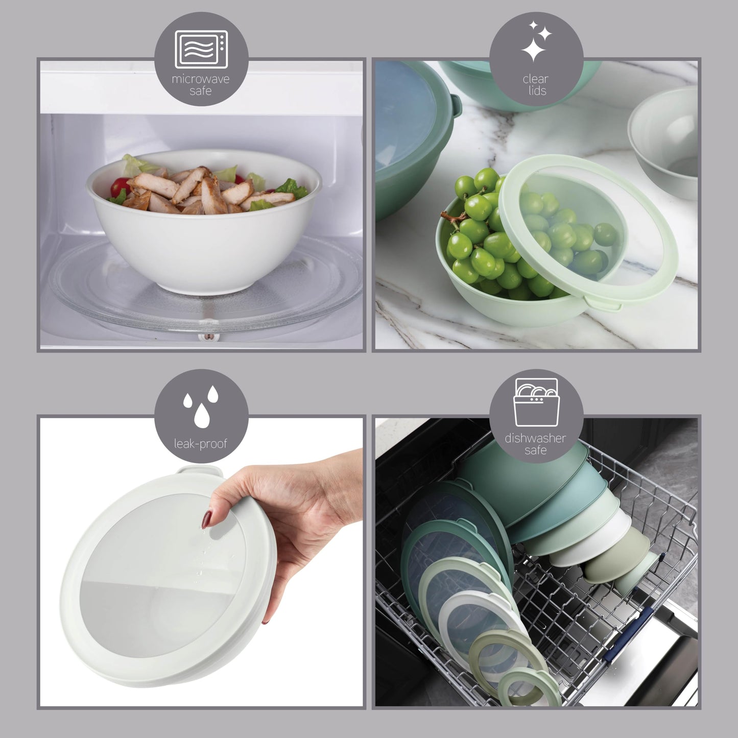 COOK WITH COLOR Mixing Bowls with TPR Lids - 12 Piece Plastic Nesting Bowls Set includes 6 Prep Bowls and 6 Lids - Microwave Safe (Sage)