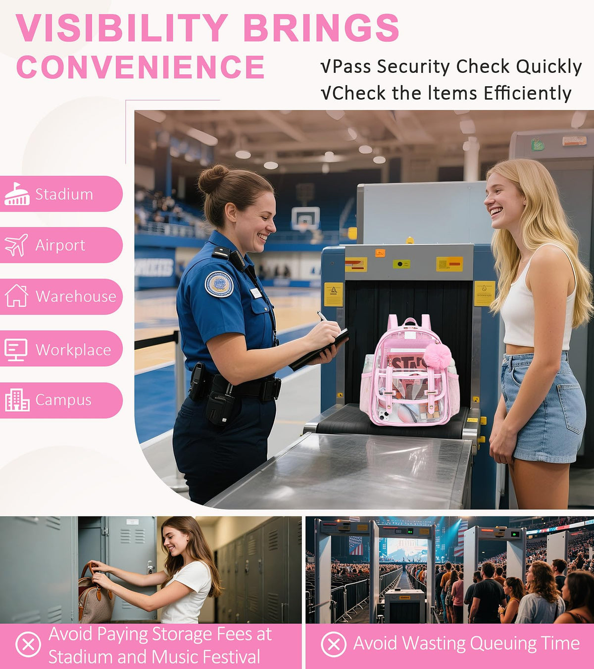 Clear Backpack for Stadium Events, 12x 12x 6 Small Transparent Backpack PVC Mini See Through Bag for Women Girls for Concert Festival, Pink