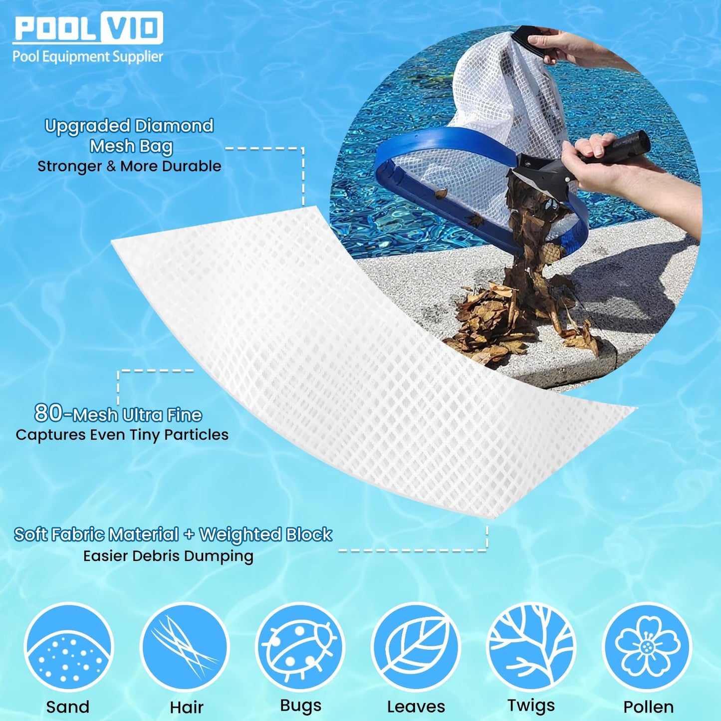 Poolvio 17.5" Pool Net – Heavy Duty Leaf Net with Aluminum Frame with Diamond-Pattern Ultra-Fine Soft Mesh Bag – Pool Cleaning Net for Leaves, Sand, Pollen & Small Debris (No Pole)