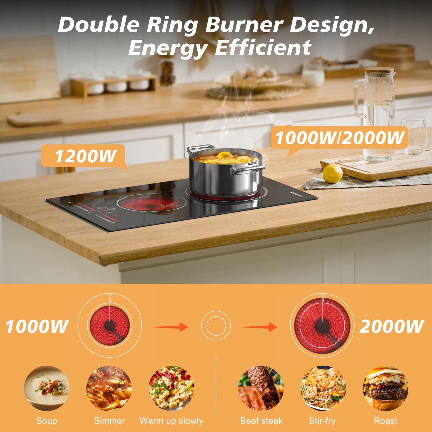 Karienvir 2 Burner Electric Cooktop 220V-240V, 12 Inch Electric Stove Built-in, 9 Power Levels Sliding Control, Electric Cooktop with Timer, Safety Lock, Extended Zone, 3200W, Hard Wire(No Plug)