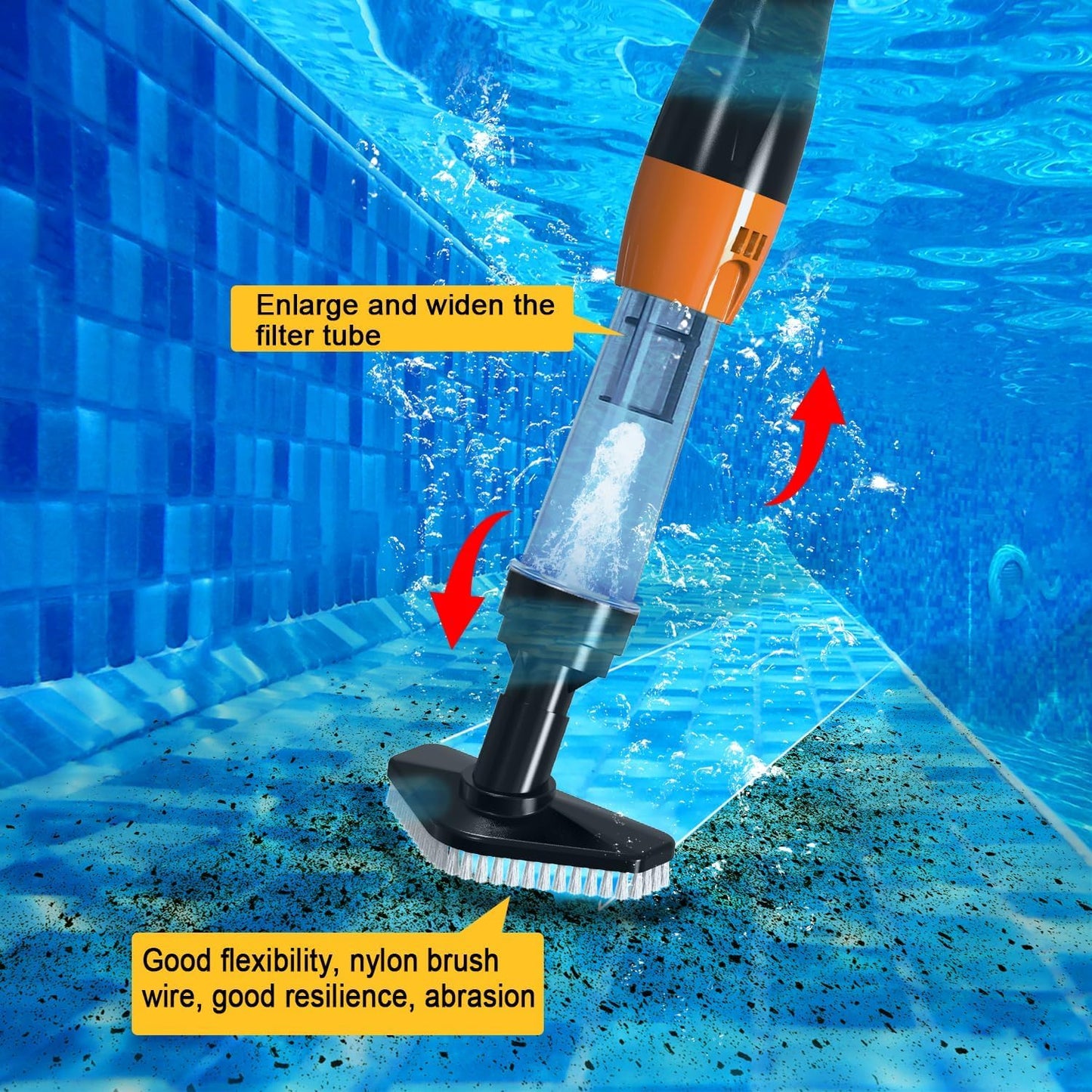 4 in 1 Cordless Rechargeable Small Pool Vacuum spa hot tub 90 Mins Running Time, 12 Gallons/Min Powerful Suction (Black Orange)