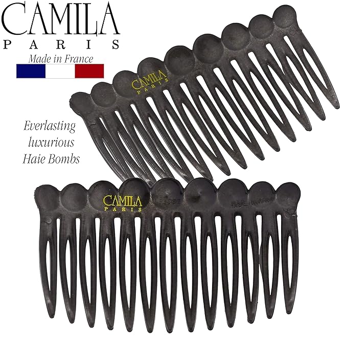 Camila Paris CP3034 French Hair Side Comb, Small Rounded, Gray French Twist Hair Combs Decorative, Strong Hold Hair Clips for Women Bun Chignon Up-Do Styling Girls Hair Accessories, Made in France