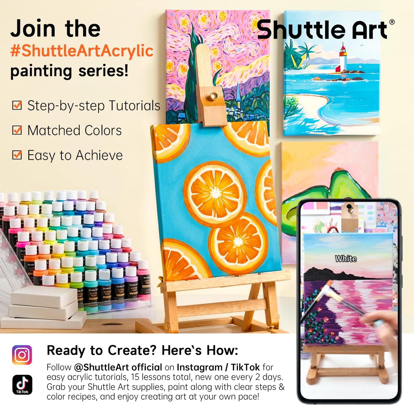 Shuttle Art Acrylic Paint, 50 Colors Acrylic Paint Set, 2oz/60ml Bottles, Rich Pigments, Water Proof, Premium for Artists, Beginners and Kids on Canvas Rocks Wood Ceramic Fabric