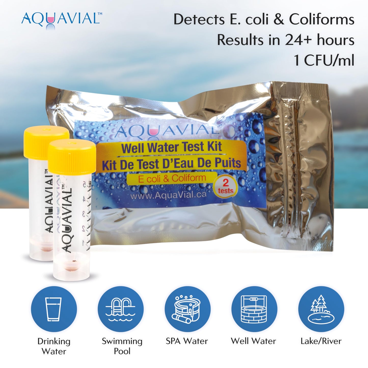 AquaVial Water Testing Kit 2 Pack - E Coli and Coliform Test for Drinking, Pool, Pond, Lake, Well Quality - Bacteria Tester