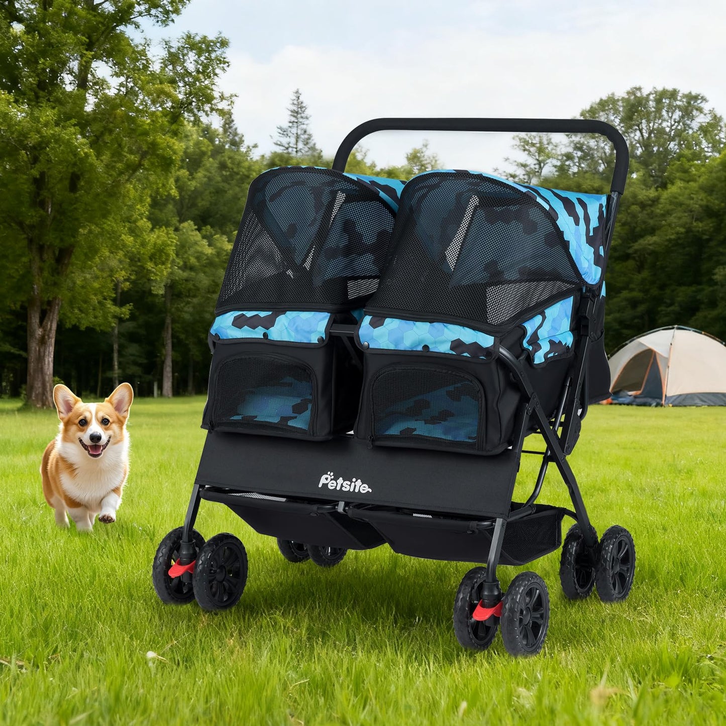 PETSITE Double Pet Stroller, Foldable Double Dog Stroller with 2-Seater Carrier, Adjustable Sunshade, Removable Pad, Safety Belt, Storage Basket, 4-Wheel Pet Travel Cart for 2 Puppies & Cats (Navy)