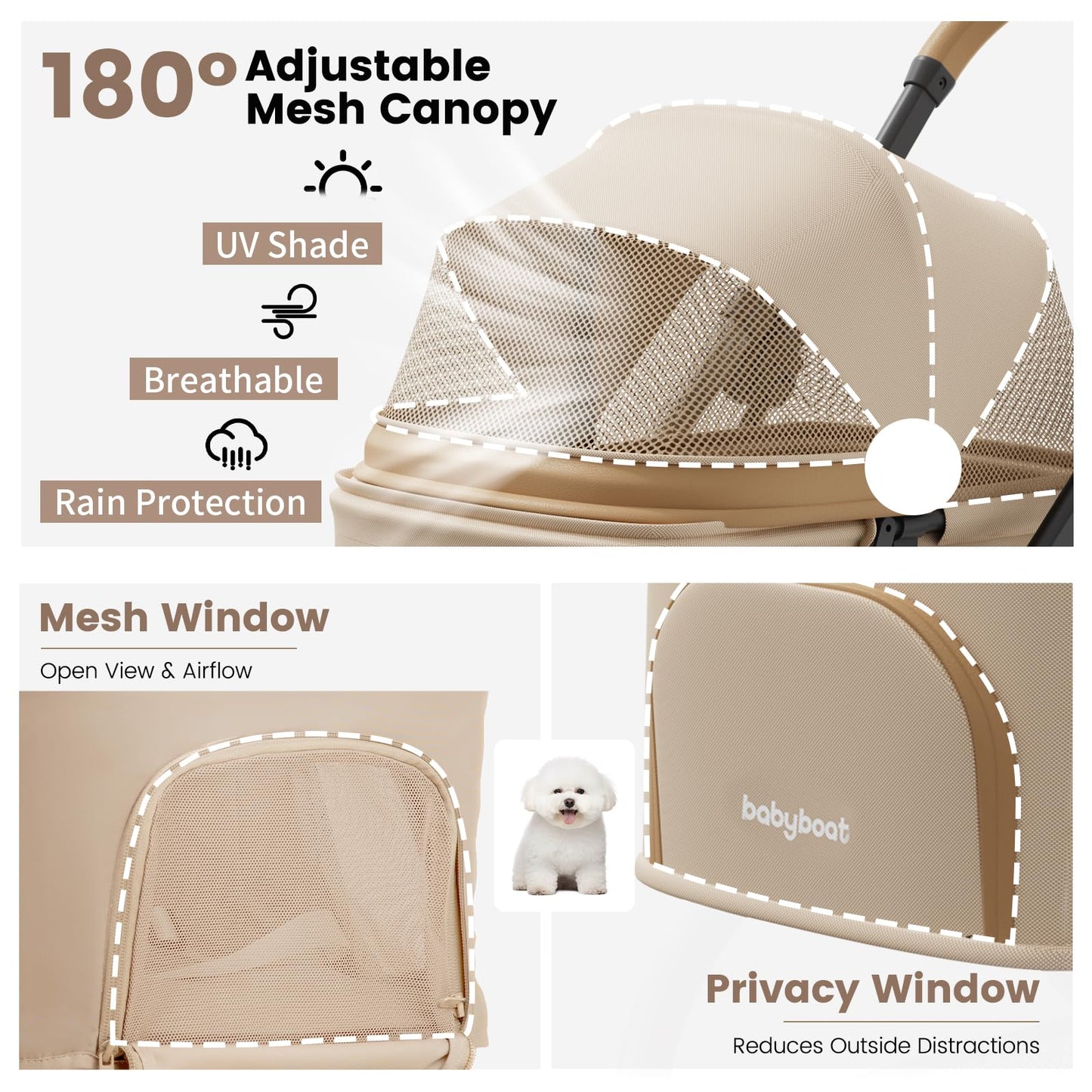 Foldable Dog Stroller Portable Compact Pet Stroller for Small Medium Dogs Cats Up to 35lbs One Click Folding Large Cat Carriage with Adjustable Canopy, Storage Basket - Khaki