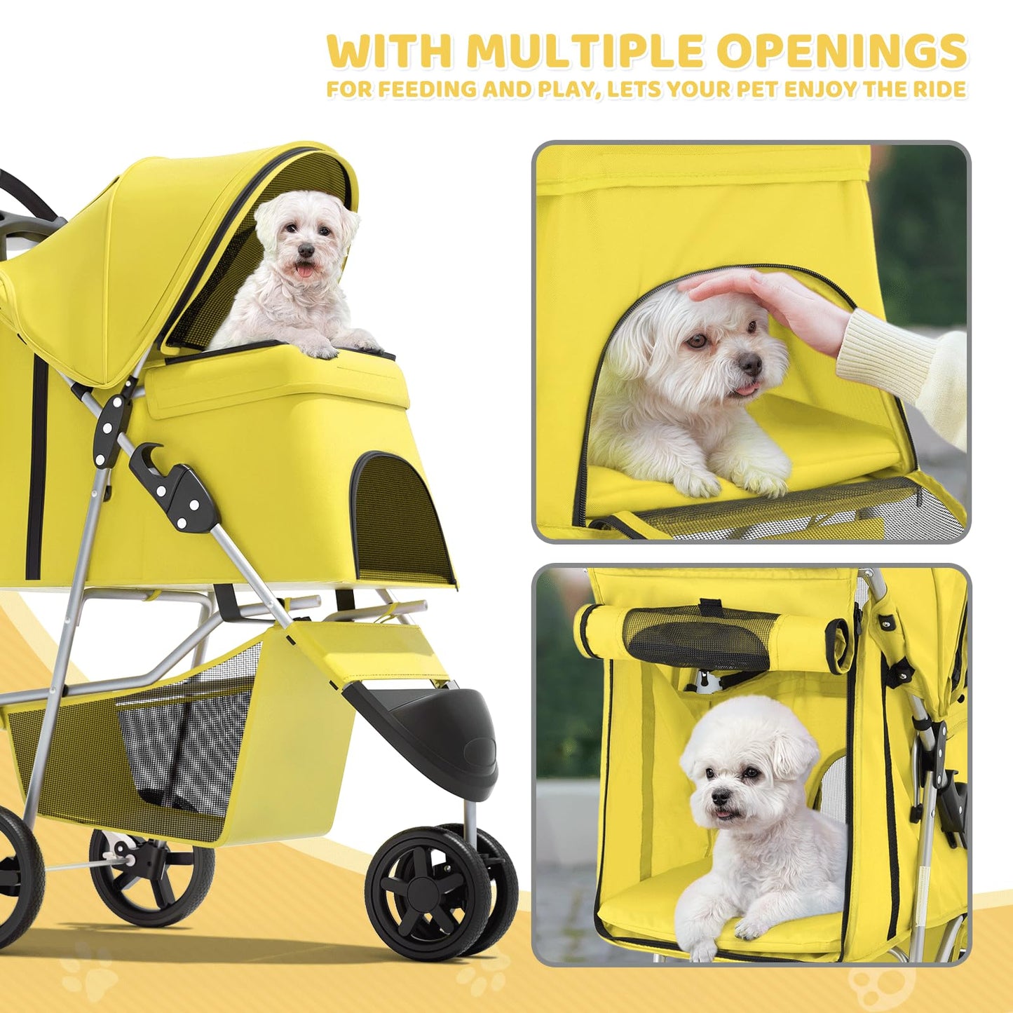 Magshion 3-Wheel Pet Stroller, Foldable Travel Jogger for Small & Medium Dogs & Cats (Up to 33lbs), Lightweight Carrier with Breathable Mesh Cover, Cup Holder & Storage Basket, Yellow