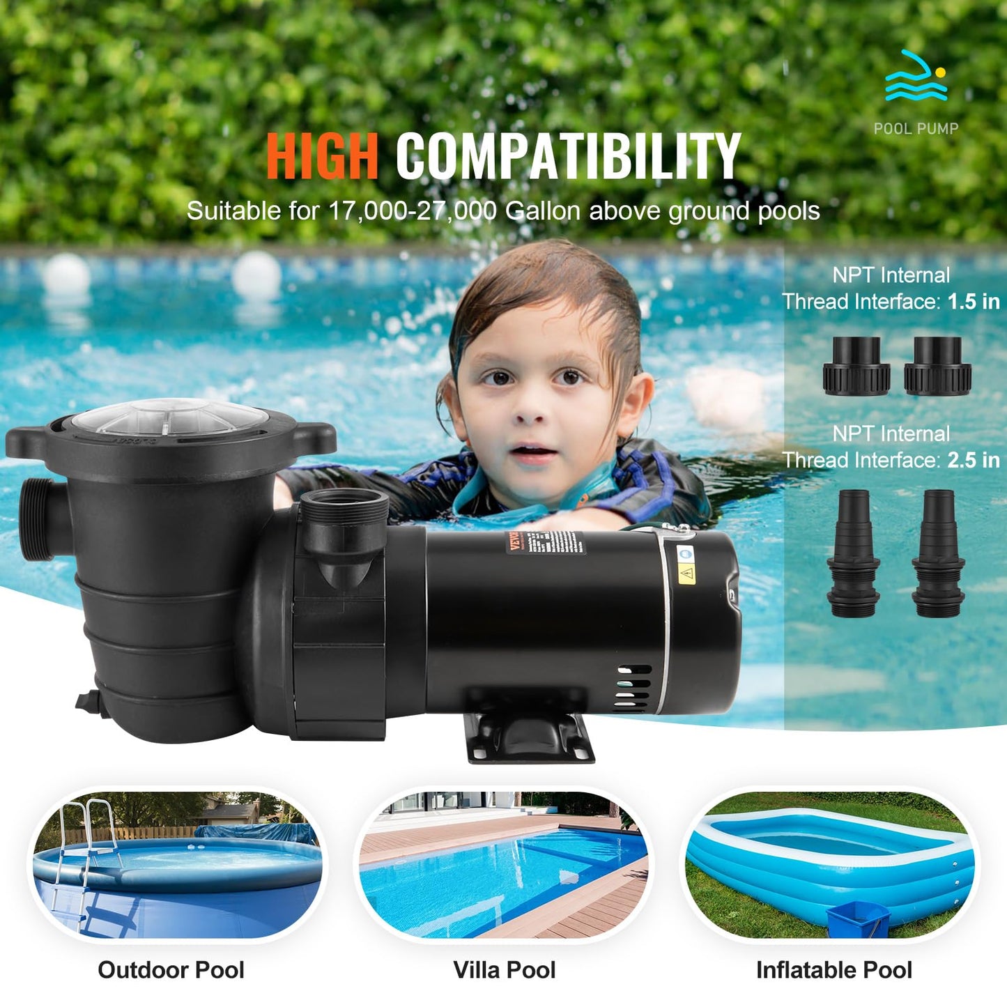 VEVOR Above Ground Pool Pump, 1HP, 80 GPM Max. Flow Single Speed Swimming Pool Pump, 120V 3450 RPM 36 ft Max. Head Lift Pool Pump with Filter Basket, for Above Ground Pools Hot Tubs Spas
