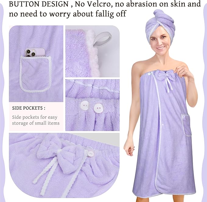 Towel Wrap Women Shower Robe Adjustable Closure Bathrobe with Hair Drying Towel & Spa Wraps