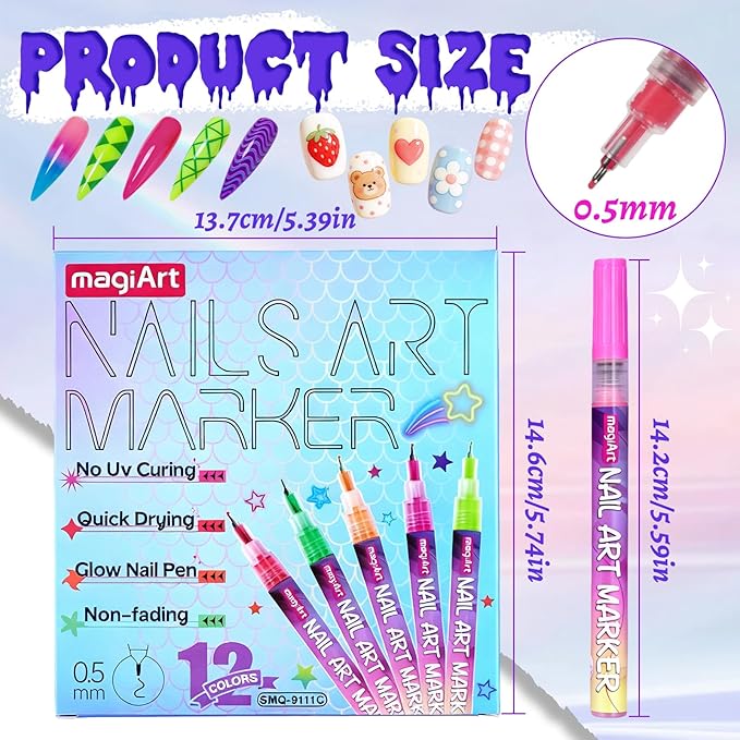 12 Color Nail Art Pens, Neon Nail Markers Set 0.5 MM Fine Tip Nail Polish Pens Drawing Painting Point Liner Painted Pen Kit, Waterproof DIY Nails Art Design Manicure Tools