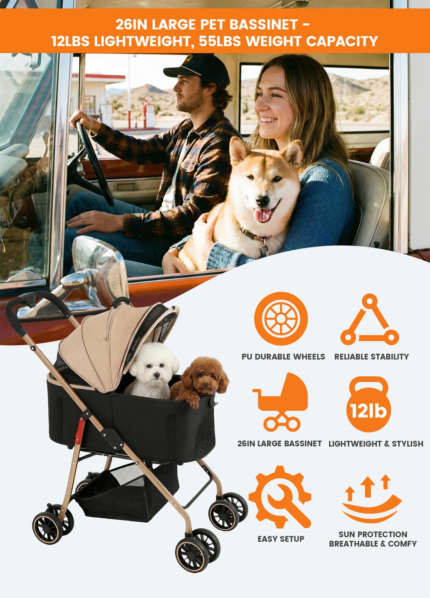 MILA&LOUIS Dog Stroller Pet Stroller for Medium Dogs Durable PU 4-Wheel Dog Strollers for Small Dogs Lightweight Foldable Dog and Cat Stroller Dog Stroller for Dog 55 Lbs with Cup Holder