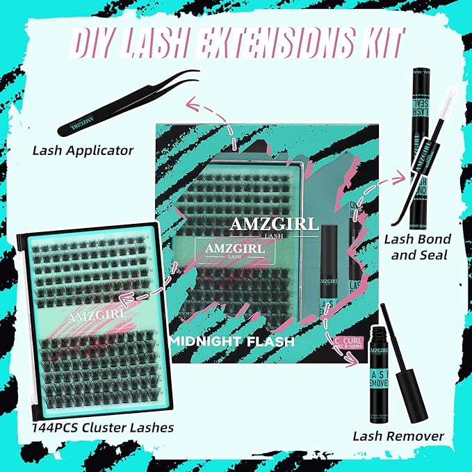 Lash Clusters Kit,144Pcs Eyelash Extension Kit Midnight with Lash Bond and Seal,Lashes Extensions Kit Lash Applicator Tool for Eyelashes Cluster Kit by AMZGlRL(C-Mix8-16mm Kit)