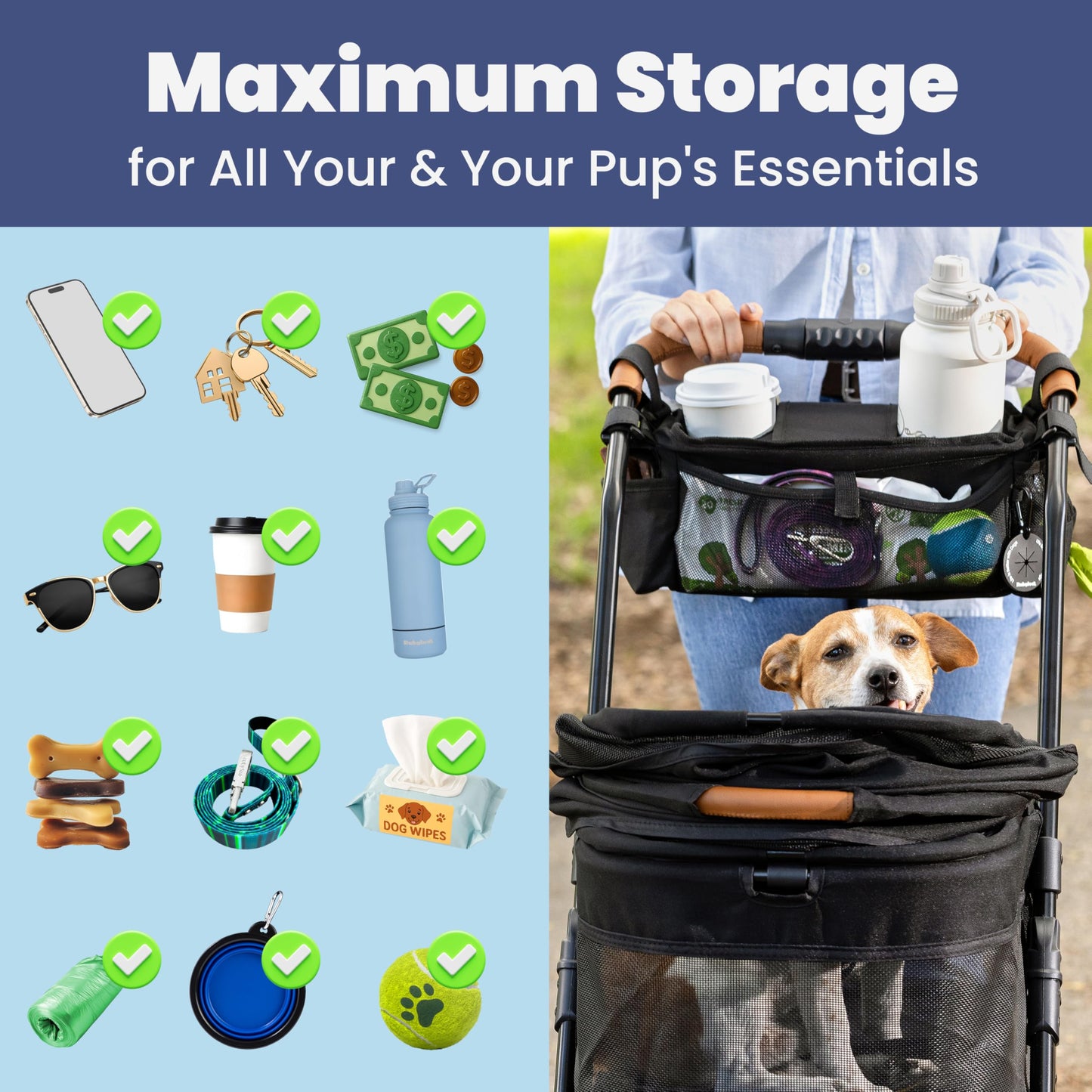 Dog Stroller Caddy Organizer with Poop Bag Dispenser, Treat Pocket, Water Bowl – Dog Stroller Accessories with Insulated Cup Holders, Pet Storage & Non-Slip Fit for 14"-19" Wide Handlebars - Paws