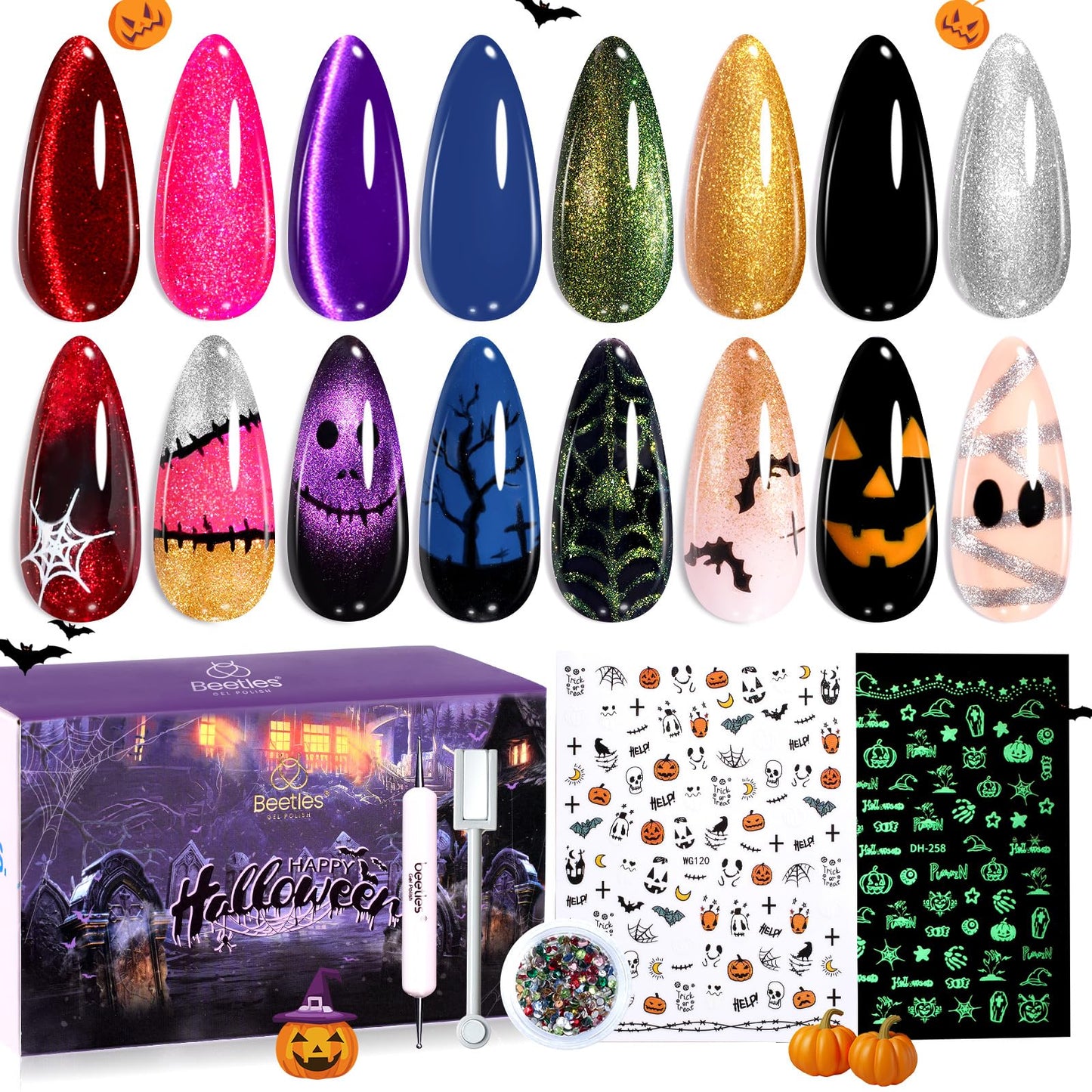 Beetles Gel Nail Polish Set – Wicked Mystic 8 Colors Gel Polish Kit, Gold Silver Black Green Blue Cat Eye Purple Red Glitter with Nail Art Accessories UV LED Soak Off Manicure Gift for Women