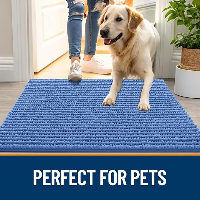 OLANLY Dog Door Mat for Muddy Paws 59x20, Ultra Absorbent Chenille Mud Doormat, Non-Slip Washable and Dirt Trapping Doormat for Indoor Entryway, Quick-Dry Indoor Pet Bed Mats for Dogs, Cornflower Blue