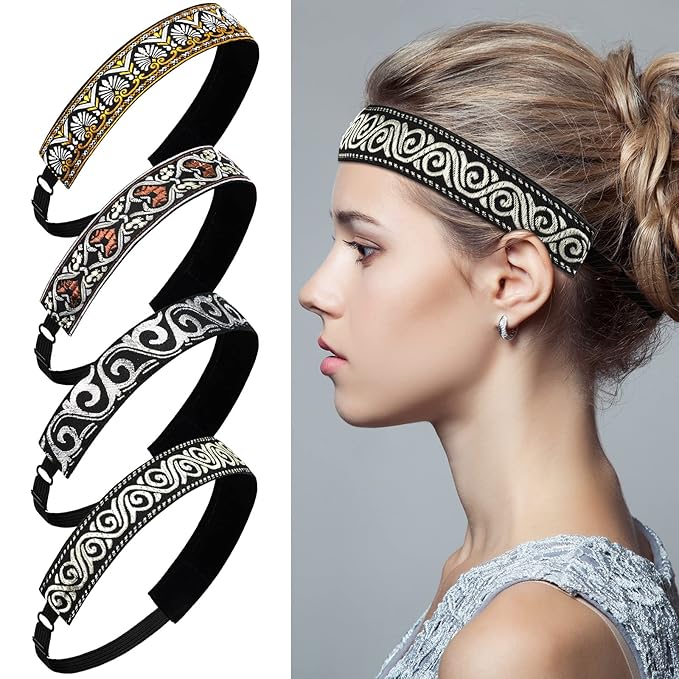 Sintege 8 Pcs Woman Elastic Headband Adjustable Non Slip Velvet Lined Headbands Solid Color Boho Hair Bands for Women Sport Yoga Work Makeup Stylish Hairband(Fresh Style)