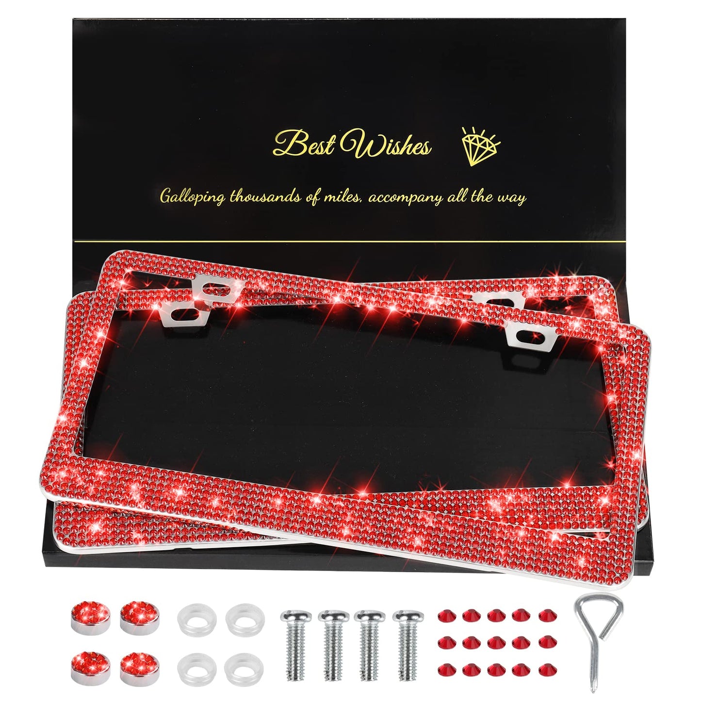 QUANQIUFEI 2 Pack Bling License Plate Frames for Women, Sparkly Rhinestone Diamond Car Accessories with Glitter Crystal Caps (Red)