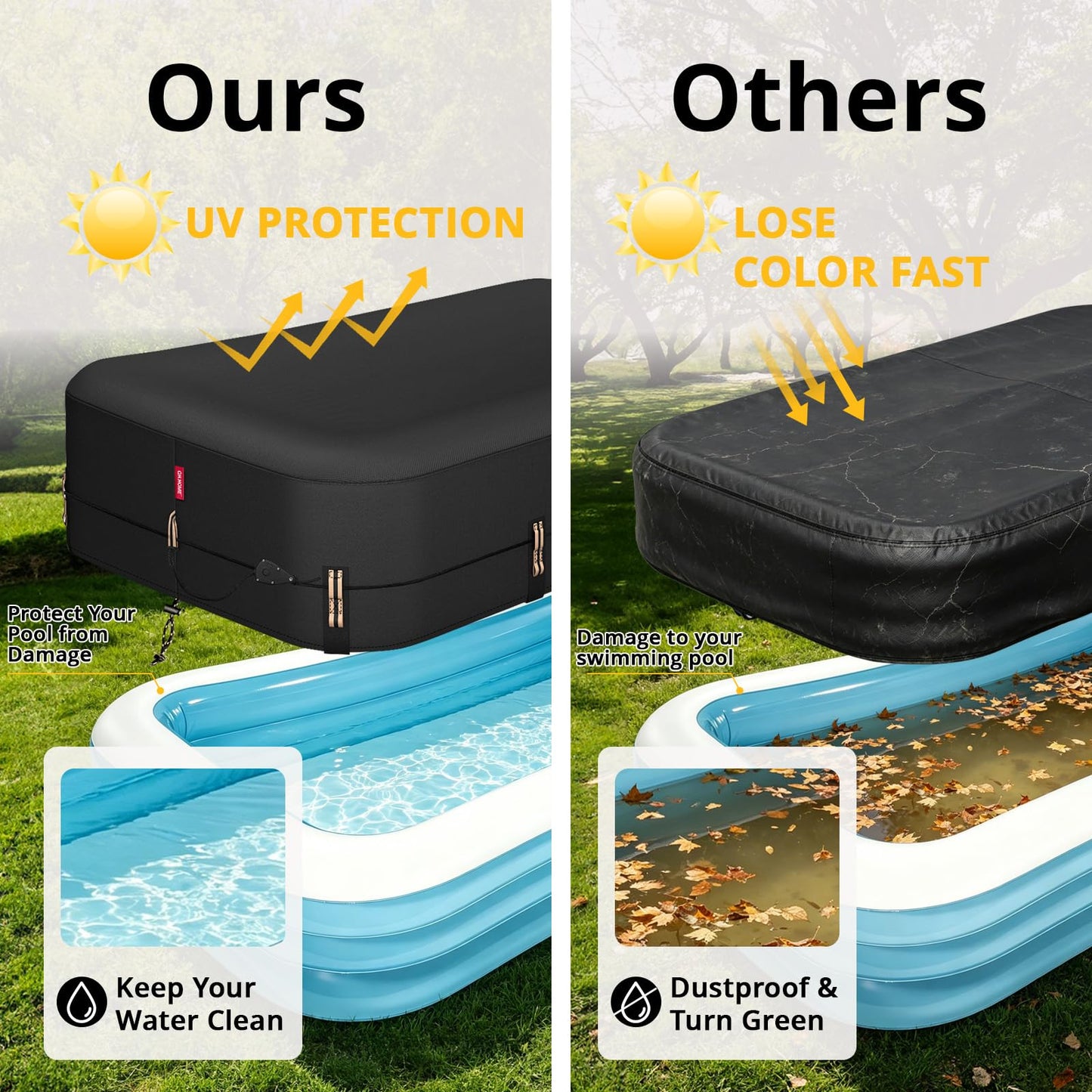 QH.HOME 120"x72" Rectangular Pool Cover for Inflatable Pool,Fits Blow Up Pool Size 10' x 6', Blocks Leaves & Sun, Windproof Snug Fit with Patented Ratchet & Weight Rings to Prevent Slipping