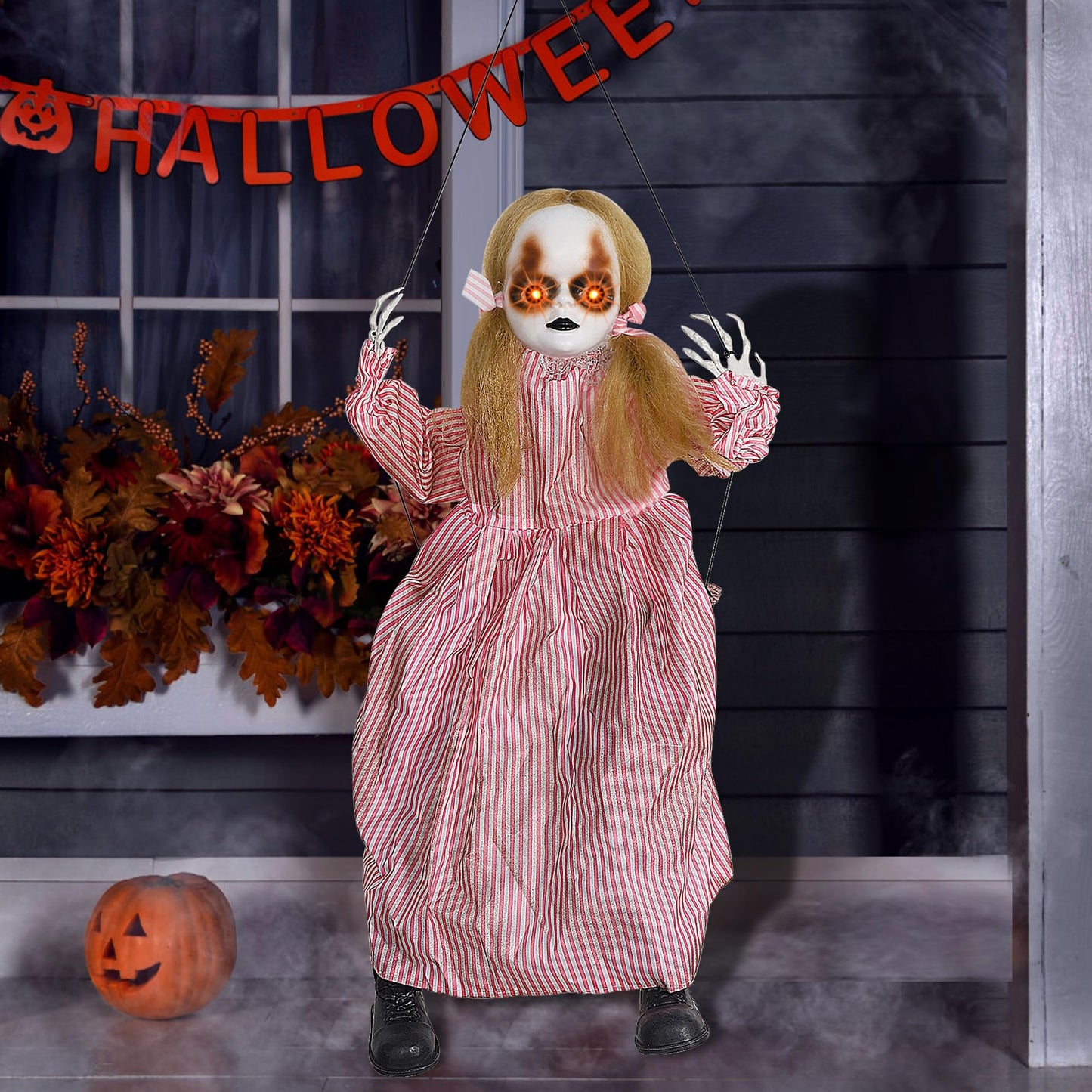Treewoll Halloween Hanging Ghost Props, 2.6FT H Life-Sized Voice-Activated Pink Skirt Girl Sitting on Swing with Lighted Eyes & Kicking Legs & Eerie Sound for Haunted House Trees Spooky Party Decor