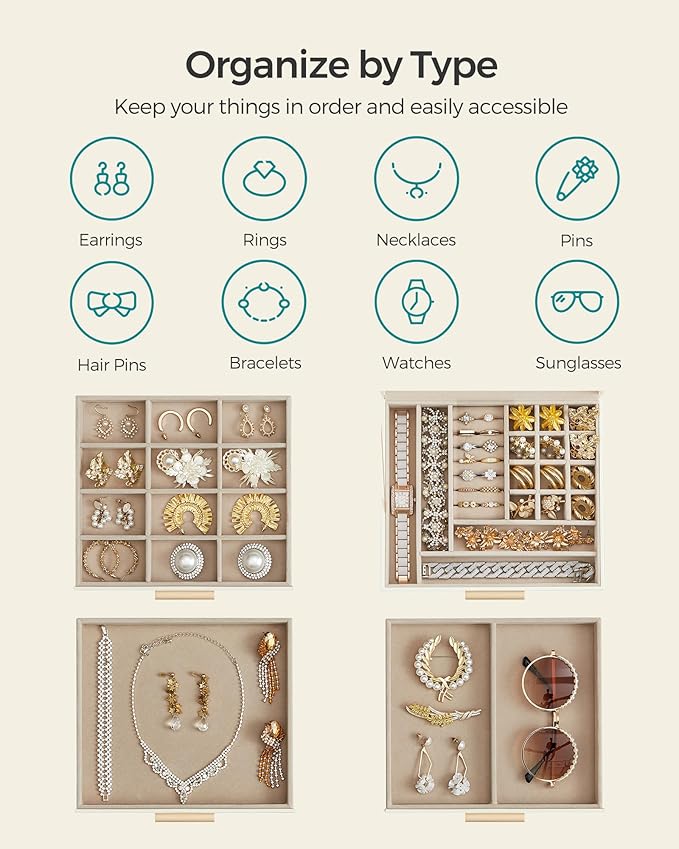 SONGMICS GISELLA Collection - Jewelry Box Organizer, 4-Layer Jewelry Storage with 3 Drawers, Shiny Metal Hardware, Glass Lid, Modern, 8 x 9.1 x 6.5 Inches, Cloud White and Gold Color UJBC173W01