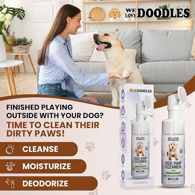 No-Rinse Dog Paw Cleaner with Built-in Silicone Bristle Brush | 3-in-1 Dirty Paw Washer Foaming Foot Cleaner for Muddy Pet Dogs & Cats | Gentle Moisturizing Waterless Shampoo - Lavender | 5 fl oz