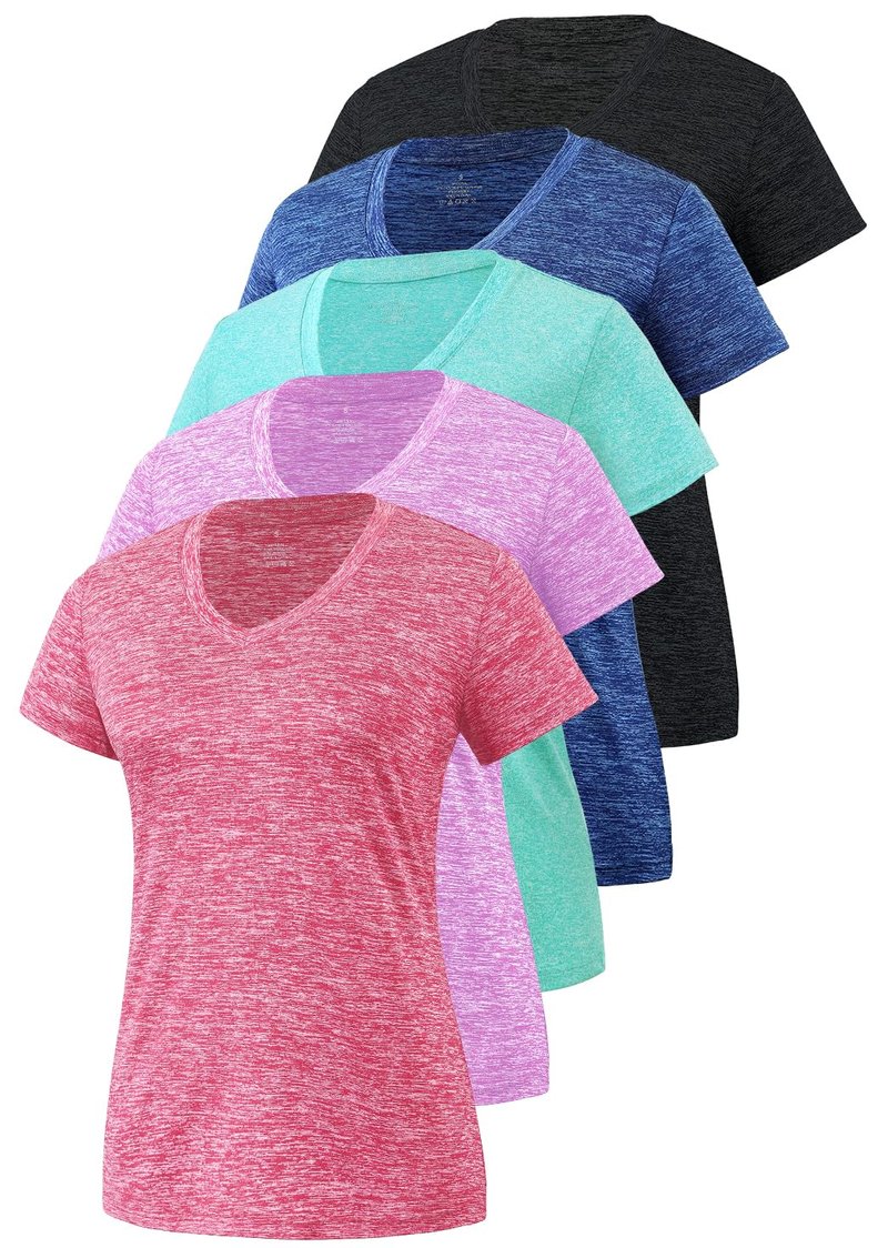 Cosy Pyro Women's Short Sleeve V-Neck Athletic T-Shirt Exercise Yoga Tees Dry Fit Gym Shirts Moisture Wicking Workout Tops Pack of 5 Black1/Navy/Azure/Purple/Rose M