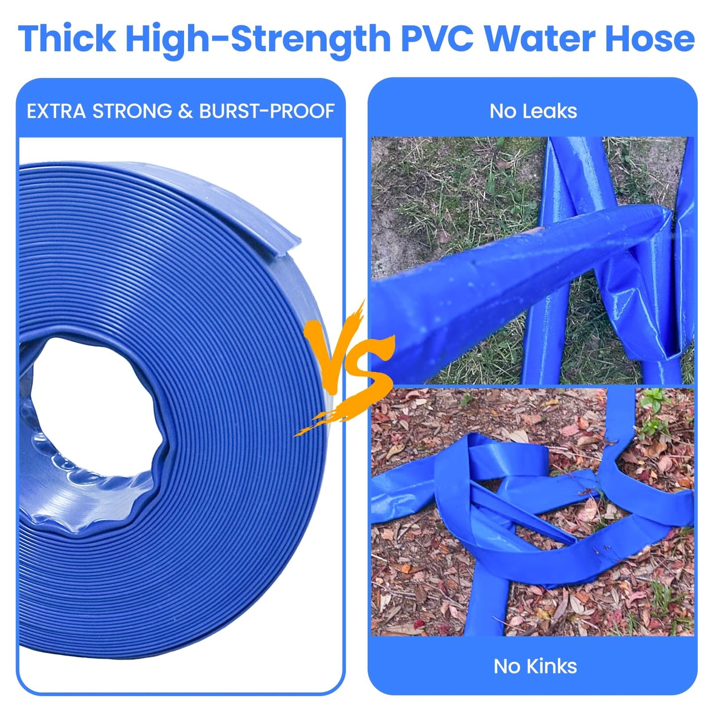 Poolvio Backwash Hose 1-1/2" x 50 ft, Blue Lay-Flat PVC Discharge Hose with 2 Stainless Steel Thumb Screw Clamps, Leak-Free for Swimming Pool Filter Cleaning, Flooded Area, Pond Draining