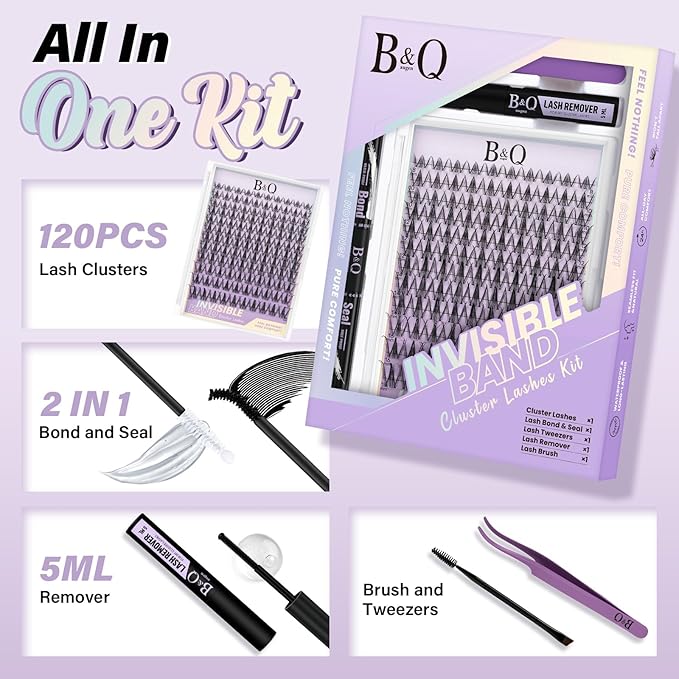B&Q Snow Lotus Lash Clusters Kit Natural Lashes Clusters Wispy Invisible Band Manga Lashes Individual Lashes Bond and Seal Eyelash Extension Kit Easy Removal (Snow Lotus KIT-8-18MIX)