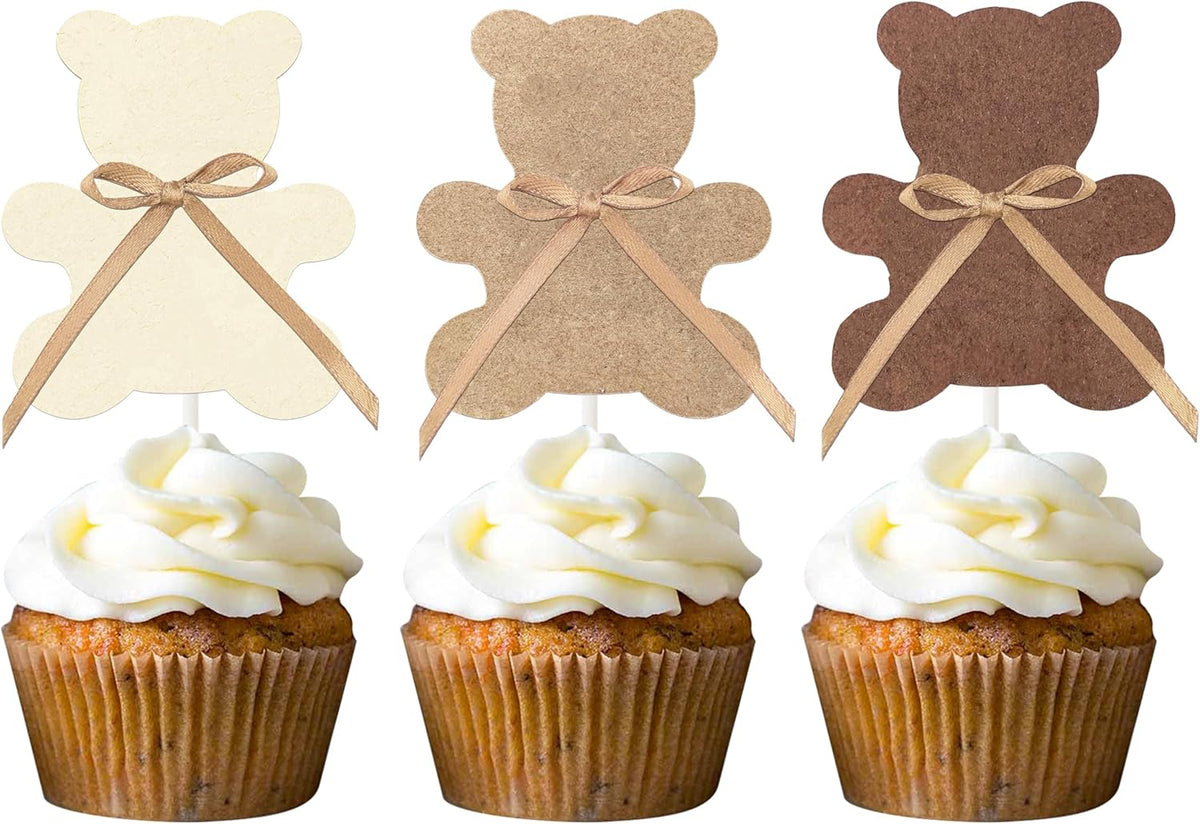 24pcs Bear Cupcake Toppers with Bows LUCKYQUBE Bears Baby Shower Decorations We Can Bearly Wait Cake Cupcake Topper Decoration for Bear Theme Birthday Baby Shower Gender Reveal Party Supplies