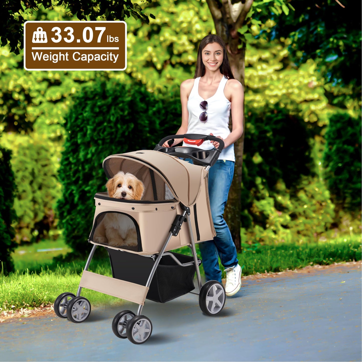 Azaeahom Pet Stroller, 4 Wheels Pet Strolling Cart for Medium/Small Dogs and Cats, Foldable Cat Jogger/Dog Stroller with Cup Holder, Storage Basket, Breathable Mesh, All-Season Pet Carrier, Khaki