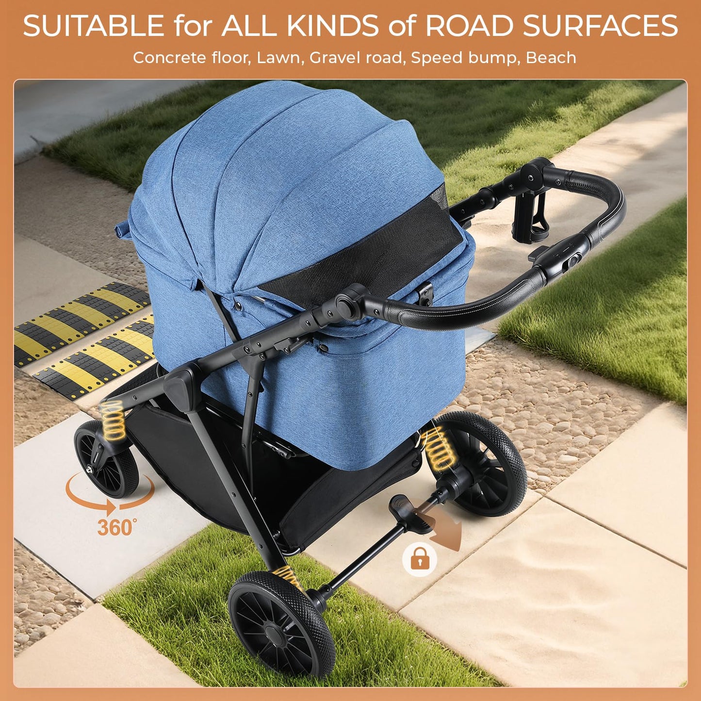 MAMIZO Foldable Dog Stroller for Medium Dogs Cats Up to 33 Lbs, Adjustable Height Handle, Pet Stroller with Aluminum and Carbon Steel Frame, Sun Shades, Storage Basket & Shock Absorbers, All-Terrain