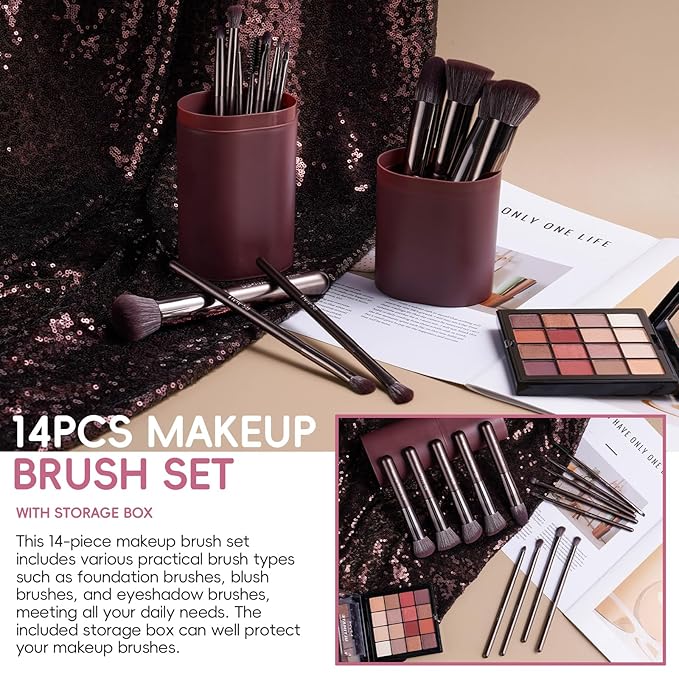 BS-MALL 14 Pcs Professional Makeup Brushes Set with Travel-friendly Case - Perfect for Eyeshadow Brush & Foundation Brush for Liquid Makeup - Gift for Daily Use & Multi Purpose Application
