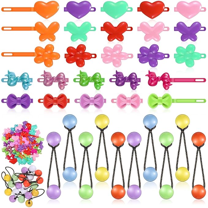 60 Pcs Hair Accessories Set - Plastic Self Hinged Barrettes, Elastic Ponytail Holders, Assorted Hair Clips for Girls and Toddlers