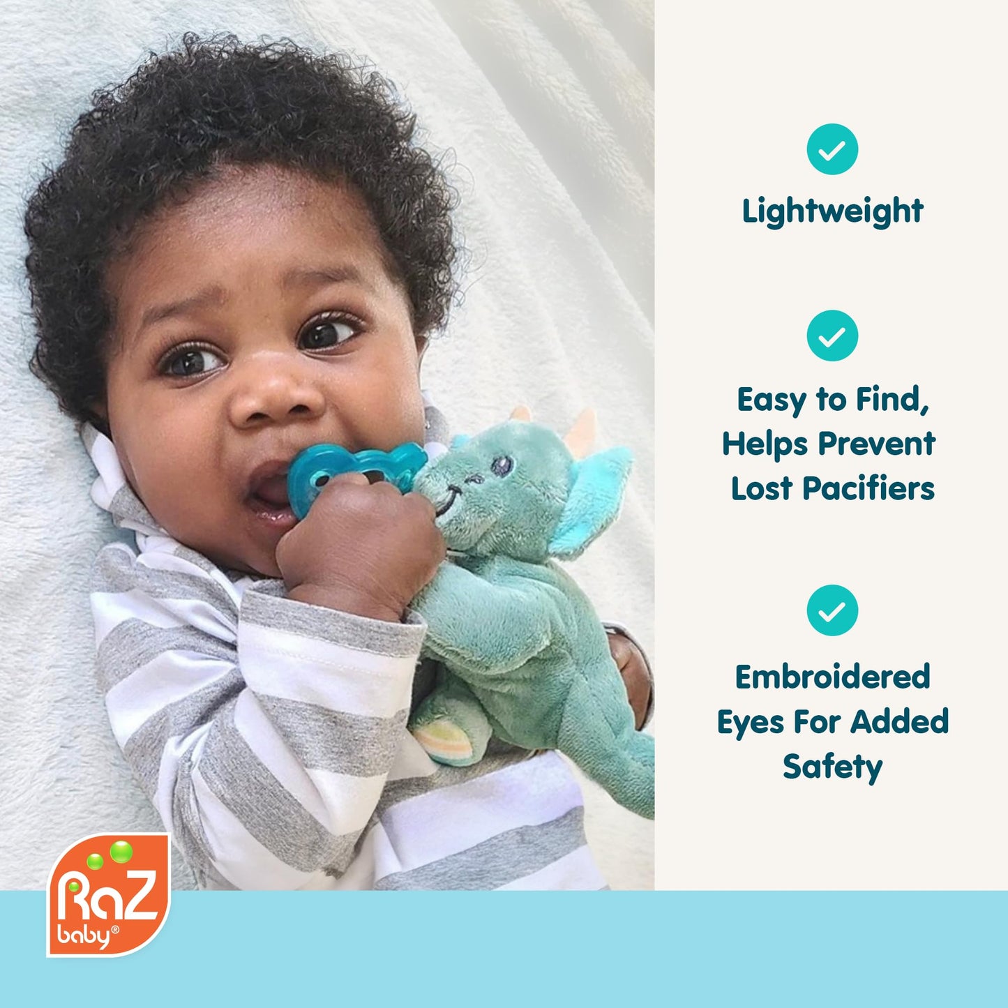 RaZbaby JollyPop Pacifier, Holder w/Detachable Baby Pacifier, Stuffed Animal RaZbuddy, All Ages 0M+, Machine Washable, Textured & Easy to Hold – Elephant
