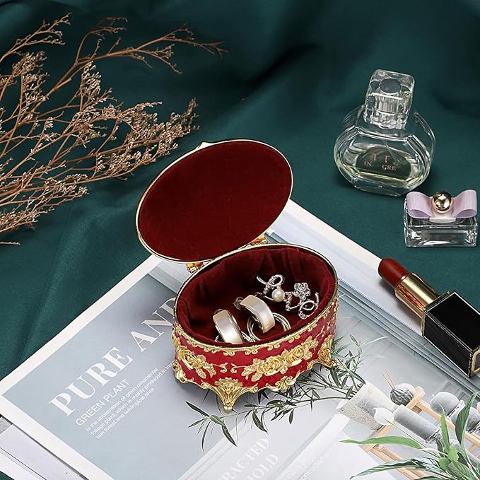 Hipiwe Oval Jewelry Box Classic Metal Trinket Organizer Ring Storage Box with Rose Pattern Jewelry Storage Box for Ring Earrings Necklace, Gift for Women, Red