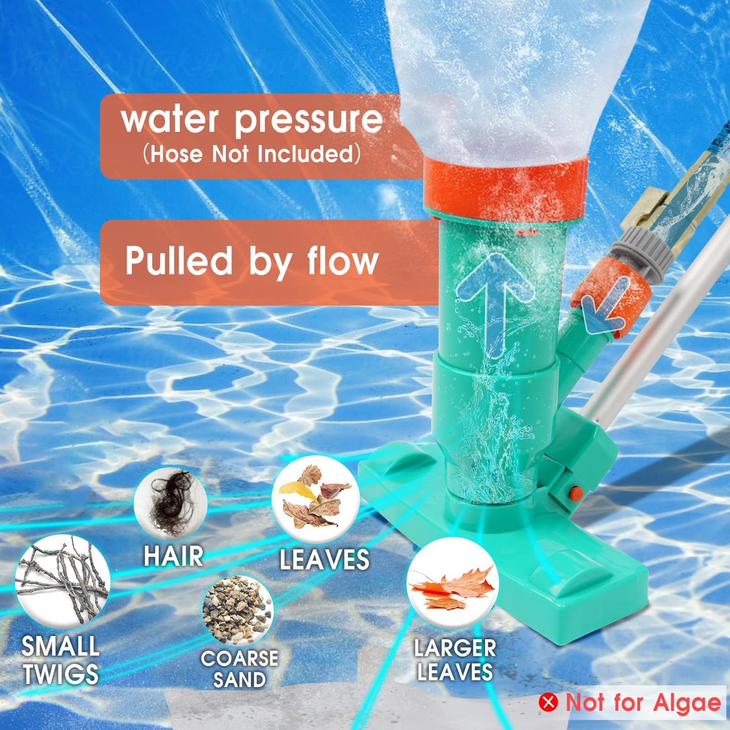 Premium Pool Vacuum Jet Underwater Cleaner, 3 Scrub Brushes, 2 Fine Mesh Bags, 6 Section Telescopic Pole of 56.5" and Handle - for Above Ground Pools,Spas & Ponds