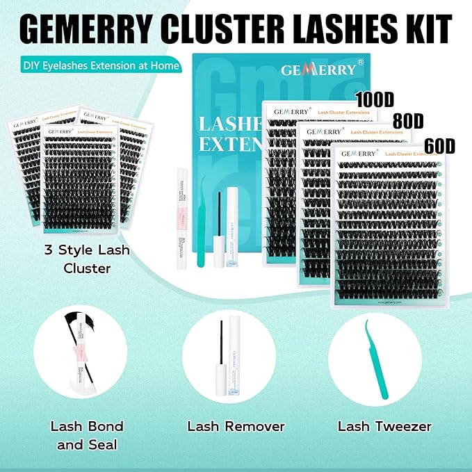 GEMERRY Lashes Clusters Kit Thick Lash Clusters 3 Styles 840Pcs Fluffy Lash Clusters Kit with Waterproof Bond and Seal Remover Tweezers for Beginners(60D+80D+100D)