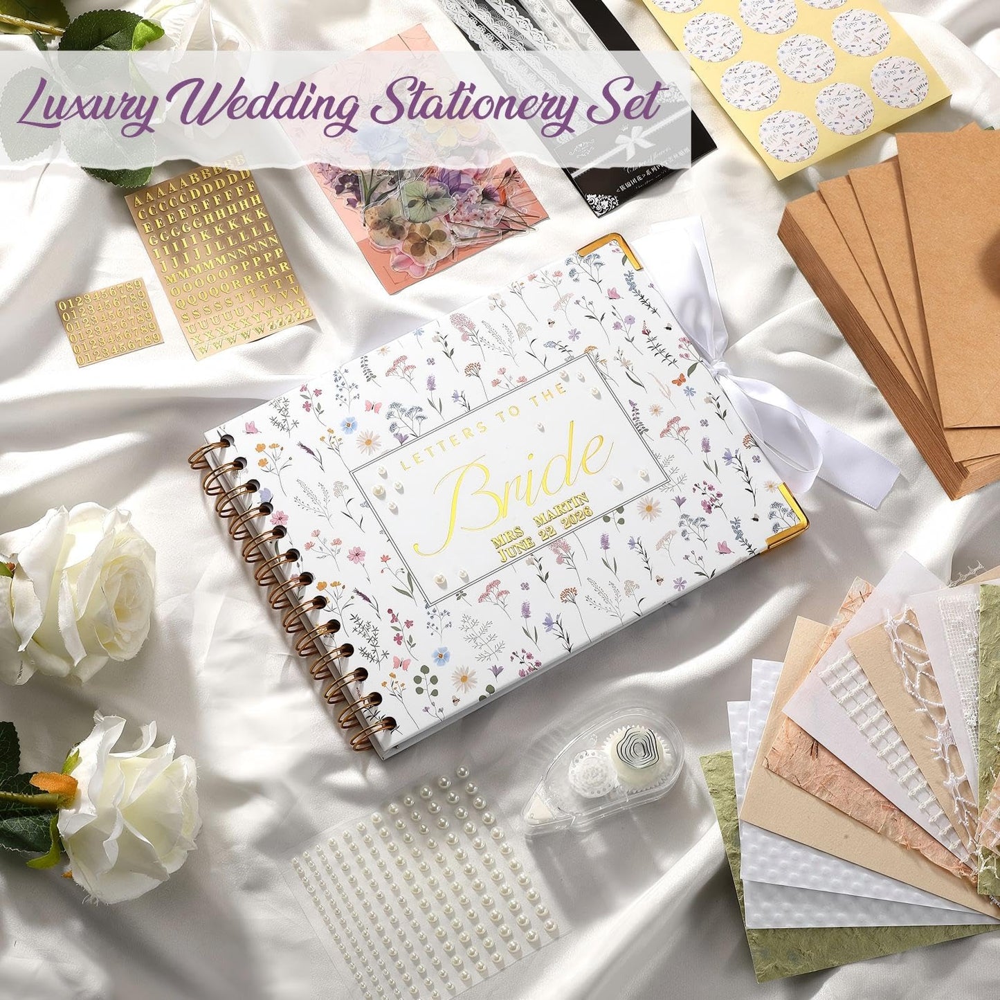 Humyoun Wedding Guest Book Letters to The Bride Scrapbook Wedding Memory Book Bridal DIY Blank Paper Scrapbook Photo Album Guest Sign with Pearl Stickers(8.5 x 7 Inch,Wildflower,Colorful)