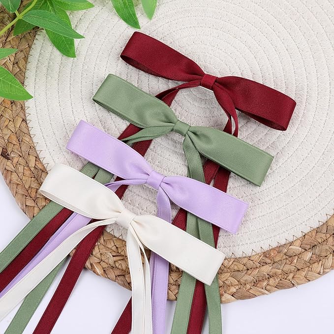 Hair Bows Clips Coquette Ribbon Bowknot with Long Tail Princess Hair Bows French Barrettes Hair Accessories for Women Girls 16PCS (Wine Red, Beige, Green, Purple)